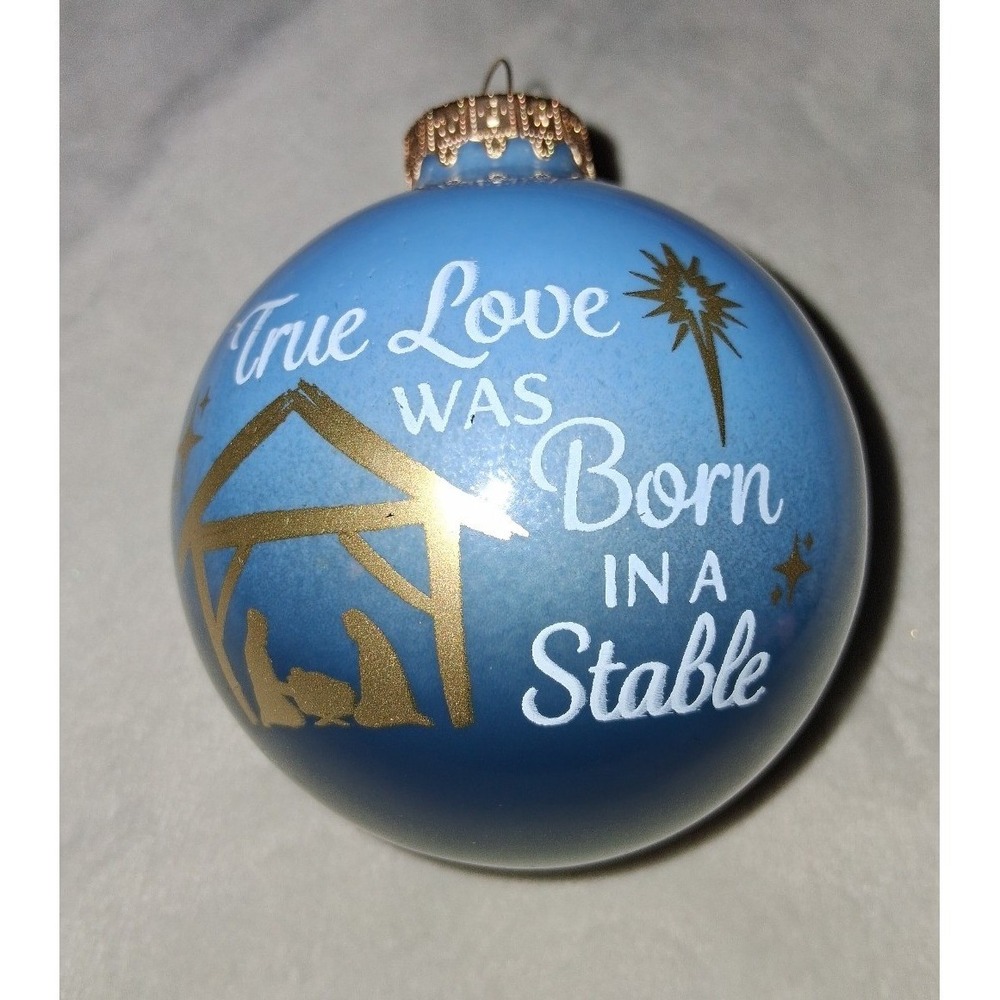 Bronner's Hungary Glass Nativity Christmas Ornament Blue 3.25" True Love Was Bor